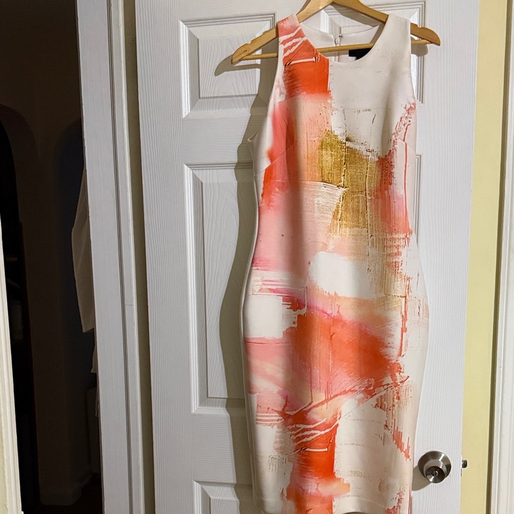 Donna Karan Abstract Midi Dress in Cream and Orange